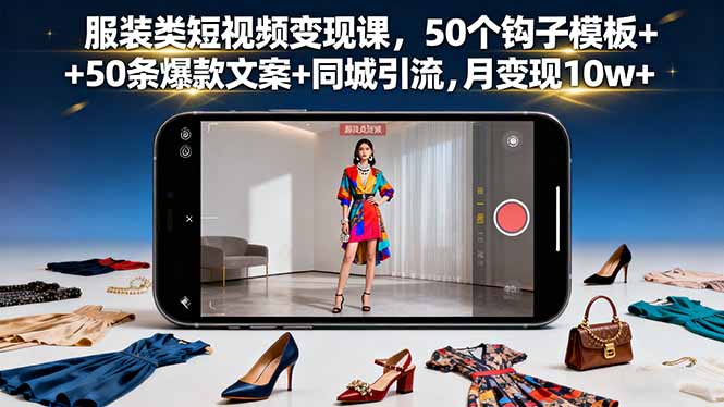 服装类短视频变现课，50个钩子模板+50条爆款文案+同城引流，月变现10w+-副业心选