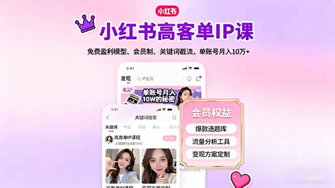 小红书高客单IP课，免费盈利模型、会员制、关键词截流，单账号月入10万+-副业心选