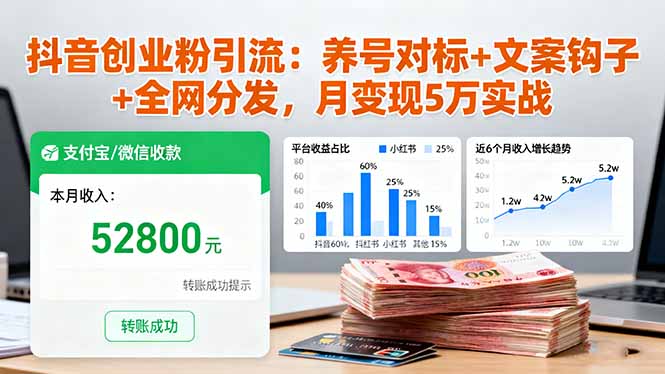 抖音创业粉引流：养号对标+文案钩子+全网分发，月变现5万实战 - 副业心选-副业心选