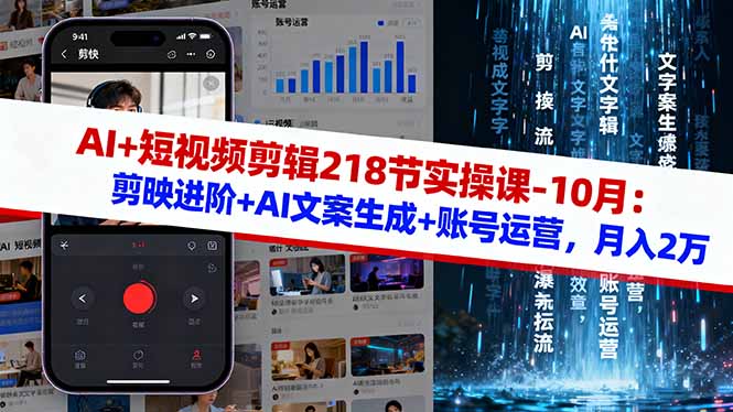 AI+短视频剪辑218节实操课-10月：剪映进阶+AI文案生成+账号运营，月入2万 - 副业心选-副业心选