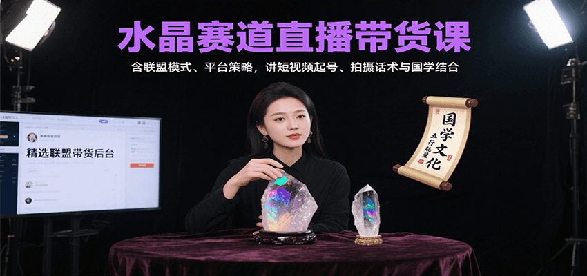 水晶赛道直播带货课：含联盟模式、平台策略，讲短视频起号、拍摄话术与国学结合-副业心选