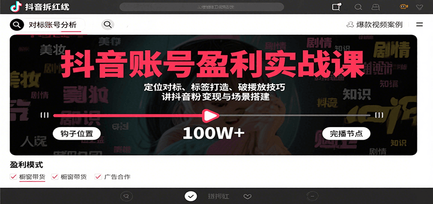 抖音账号盈利实战课，定位对标、标签打造、破播放技巧，讲涨粉变现与场景搭建-副业心选