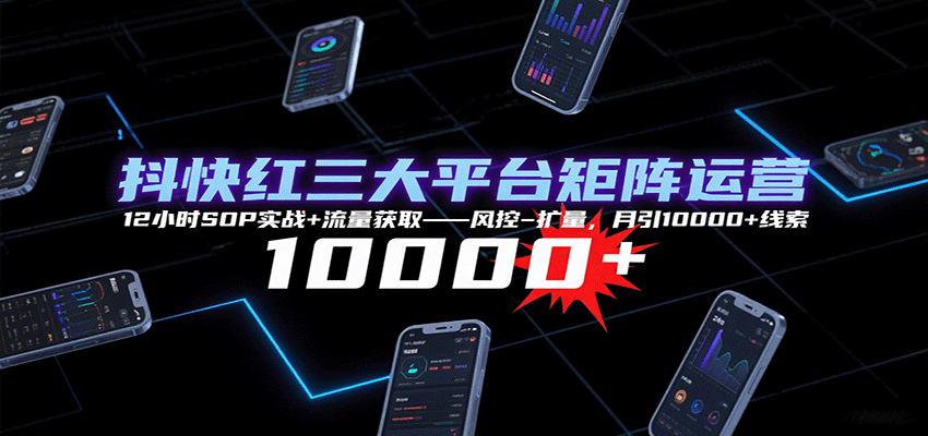 抖快红三大平台矩阵运营，12小时SOP实战+流量获取-风控-扩量，月引10000+线索-副业心选