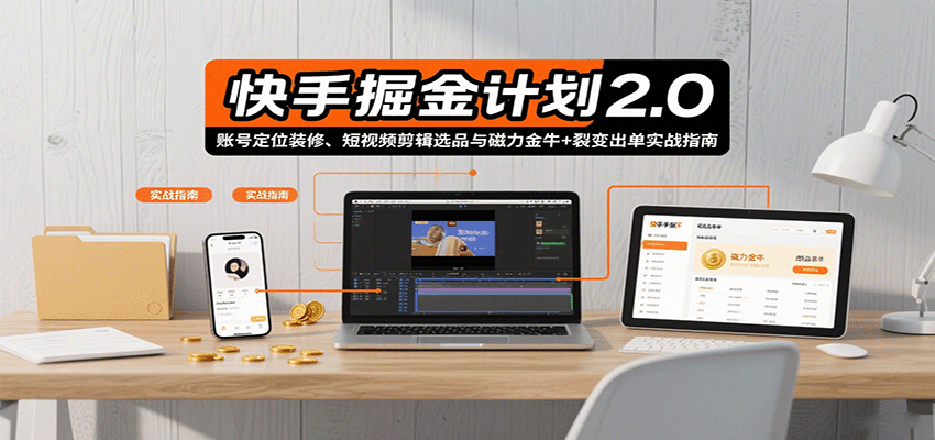 快手掘金计划2.0，账号定位装修、短视频剪辑选品与磁力金牛+裂变出单实战指南-副业心选