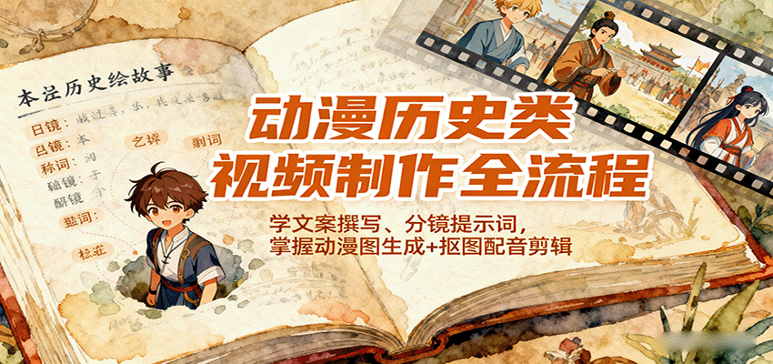 动漫历史类视频制作全流程，学文案撰写、分镜提示词，掌握动漫图生成+抠图配音剪辑-副业心选