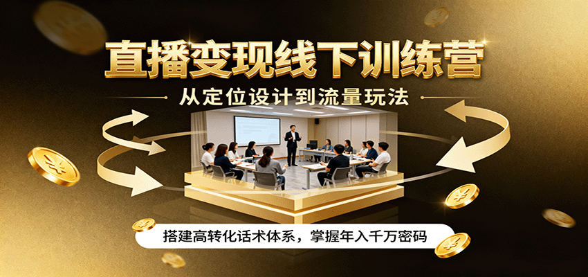 直播变现线下训练营，从定位设计到流量玩法，搭建高转化话术体系，掌握年入千万密码-副业心选