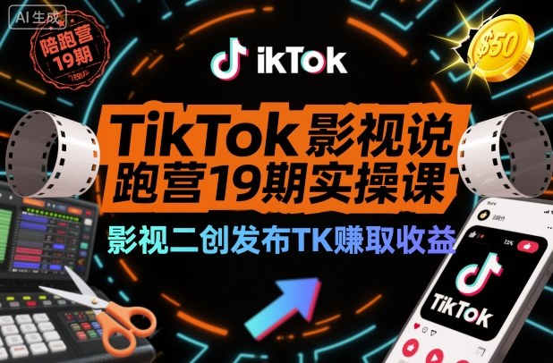 TikTok影视解说陪跑营19期实操课，影视二创发布TK賺取收益，万播收益50美金-副业心选