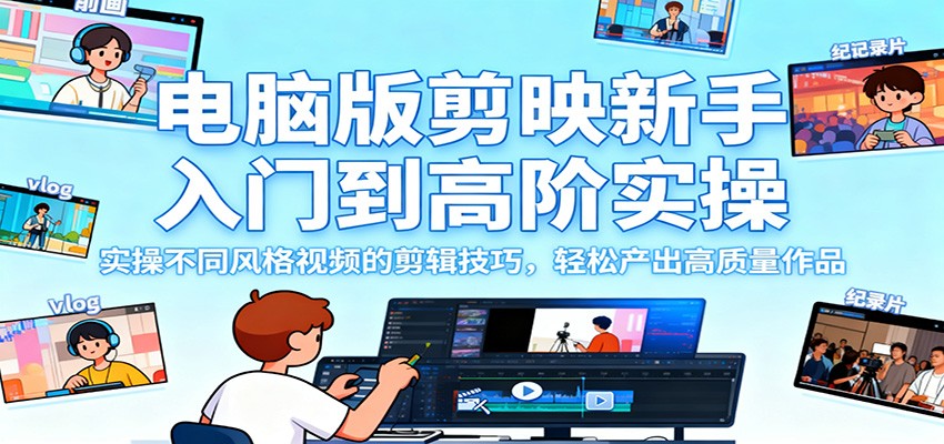 电脑版剪映新手入门到高阶实操，实操不同风格视频的剪辑技巧，轻松产出高质量作品-副业心选