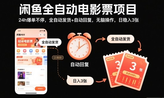 闲鱼全自动电影票项目，24h爆单不停，全自动发货+自动回复，无脑操作，日稳入3张【揭秘】-副业心选