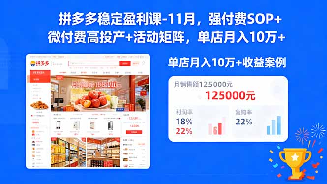 拼多多稳定盈利课-11月，强付费SOP+微付费高投产+活动矩阵，单店月入10w+-副业心选
