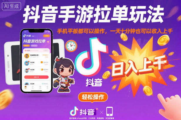 抖音手游拉单玩法，手机平板都可以操作，一天十分钟也可以收入上K【揭秘】-副业心选