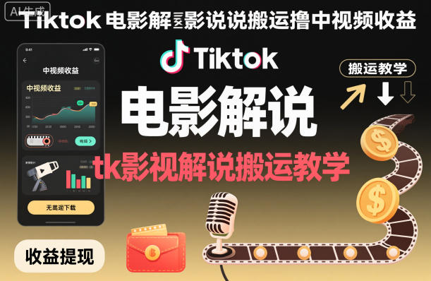 Tiktok电影解说搬运撸中视频收益，tk影视解说搬运教学-副业心选