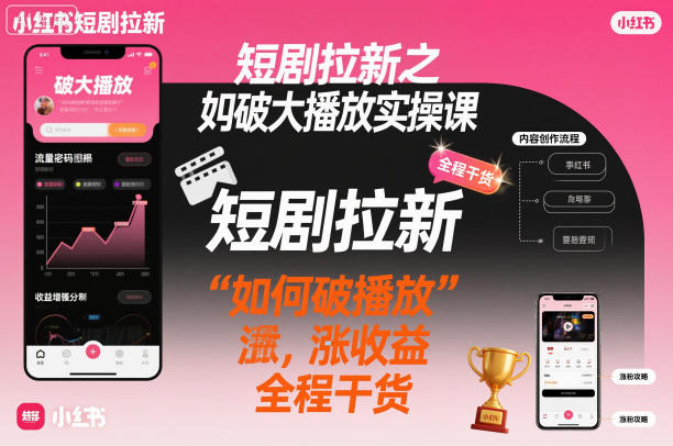 短剧拉新之小红书如何破大播放实操课，如何破播放，涨收益，全程干货-副业心选