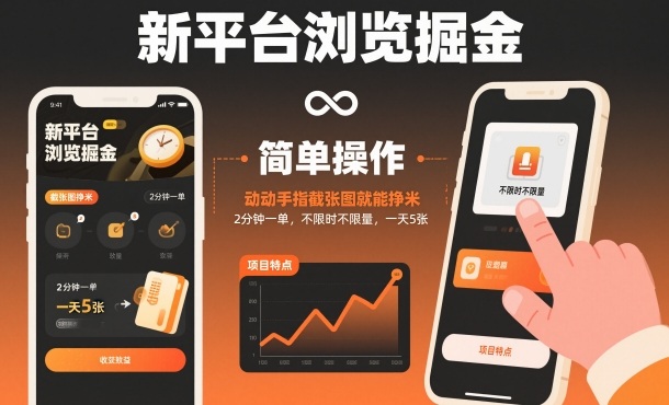 新平台浏览掘金，动动手指截张图就能挣米，2分钟一单，不限时不限量，一天5张【揭秘】 - 副业心选-副业心选