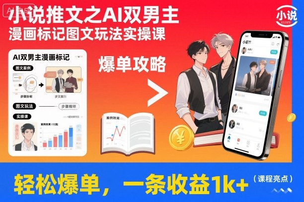 小说推文之AI双男主漫画标记图文玩法实操课，轻松爆单，一条收益1k+-副业心选