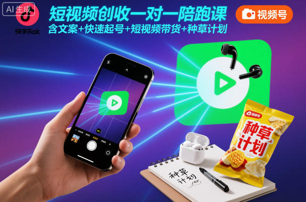 短视频创收一对一陪跑课，含文案+快速起号+短视频带货+种草计划-副业心选