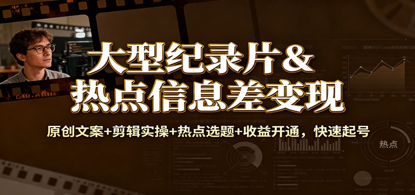 大型纪录片&热点信息差变现：原创文案+剪辑实操+热点选题+收益开通，快速起号-副业心选