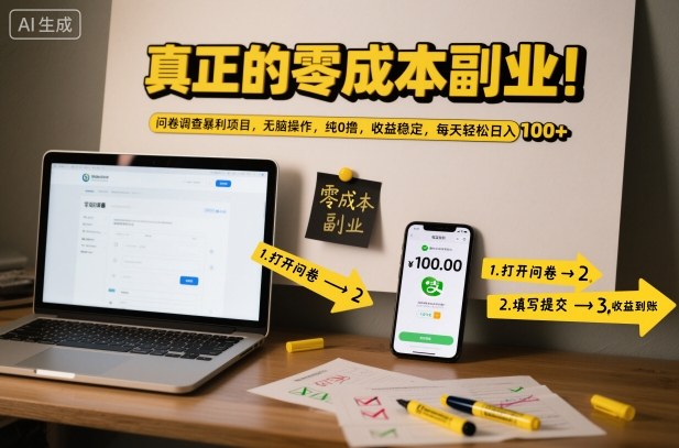 真正的零成本副业！问卷调查暴利项目，无脑操作，纯0撸，收益稳定，每天轻松日入100+【揭秘】-副业心选