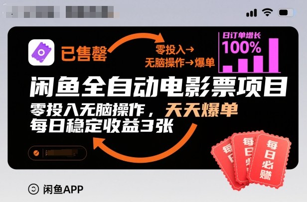 闲鱼全自动电影票项目，零投入无脑操作，天天爆单，每日稳定收益3张【揭秘】 - 副业心选-副业心选