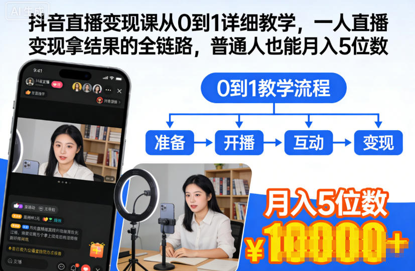 抖音直播变现课从0到1详细教学，一人直播变现拿结果的全链路，普通人也能月入5位数-副业心选
