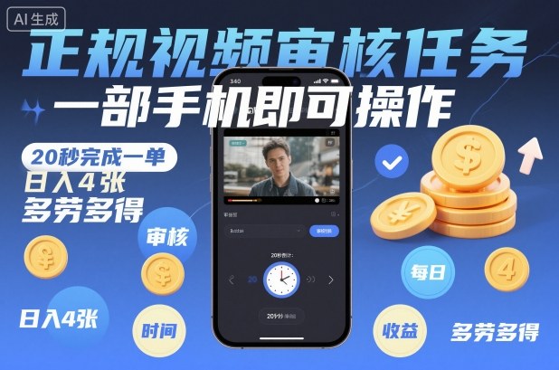 正规视频审核任务，一部手机即可操作，20秒完成一单，日入4张，多劳多得【揭秘】-副业心选