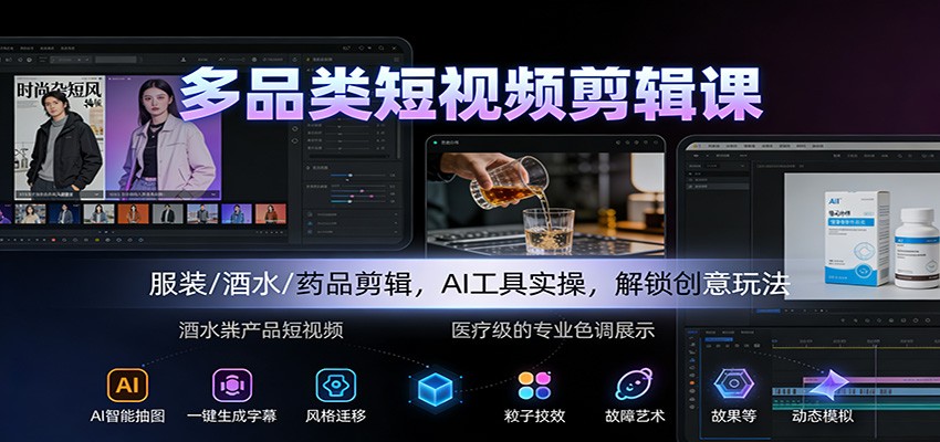 多品类短视频剪辑课：服装/酒水/药品剪辑，AI工具实操，解锁创意玩法 - 副业心选-副业心选
