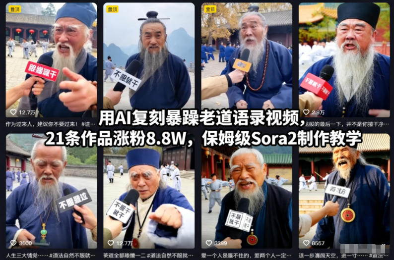 用AI复刻暴躁老道语录视频，21条作品涨粉8.8W，保姆级Sora2制作教学 - 副业心选-副业心选