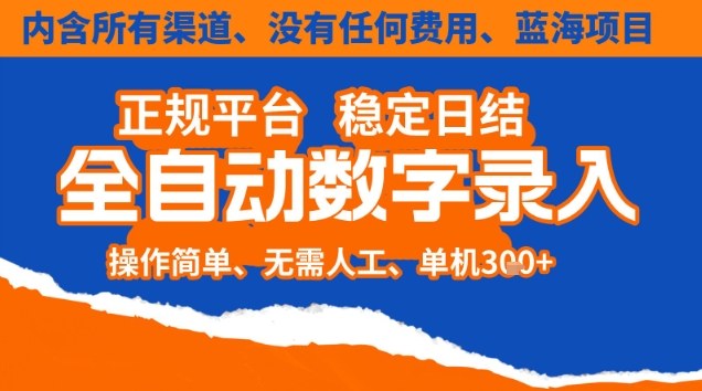 全自动数字录入，单机日入3张+，内含所有渠道全程免费零成本，操作简单可矩阵开干【揭秘】-副业心选