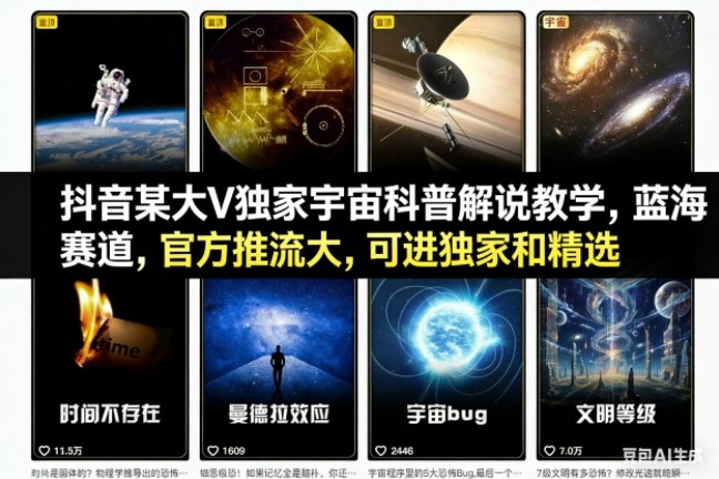 抖音某大V独家宇宙科普解说教学，蓝海赛道，官方推流大，可进独家和精选-副业心选