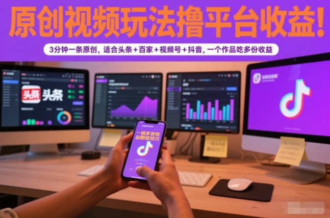 原创视频玩法撸平台收益，3分钟一条原创，适合头条+百家+视频号+抖音，一个作品吃多份收益-副业心选