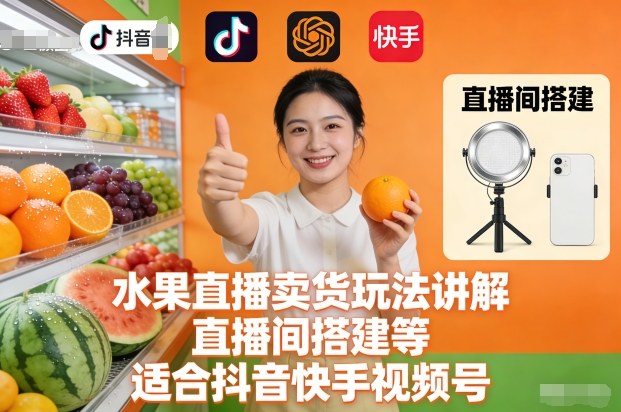水果直播卖货玩法讲解、直播间搭建等，适合抖音快手视频号-副业心选