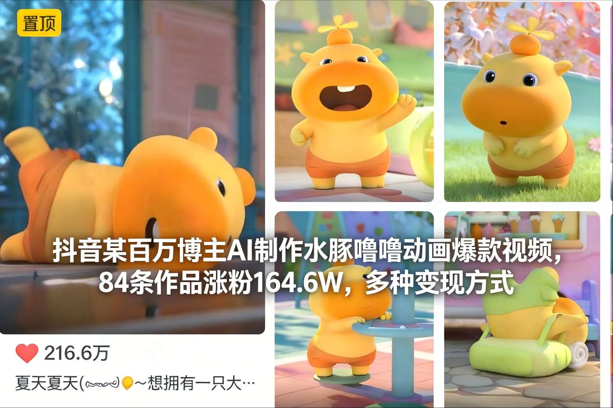 抖音某百万博主AI制作水豚噜噜动画爆款视频，84条作品涨粉164.6W，多种变现方式-副业心选