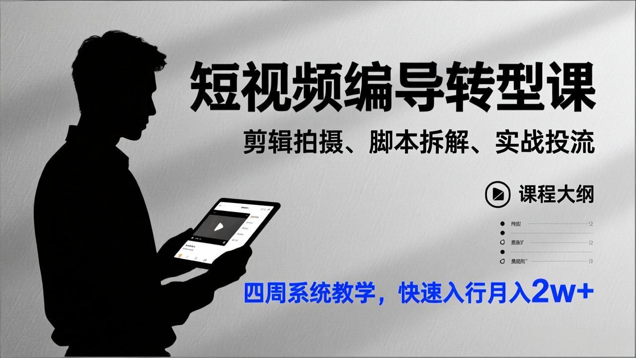 短视频编导转型课，剪辑拍摄、脚本拆解、实战投流，四周系统教学，快速入行月入2w+-副业心选