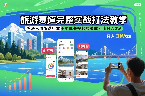 旅游赛道完整实战打法教学，普通人做旅游行业用小红书视频号精准引流月入3W-副业心选
