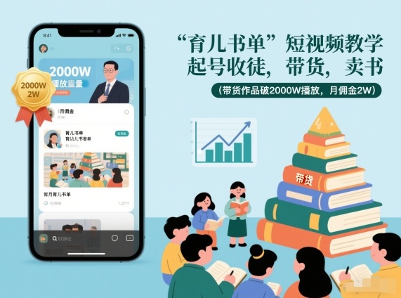 育儿书单短视频教学，起号收徒，带货，卖书(带货作品破2000W播放，月佣金2W)-副业心选