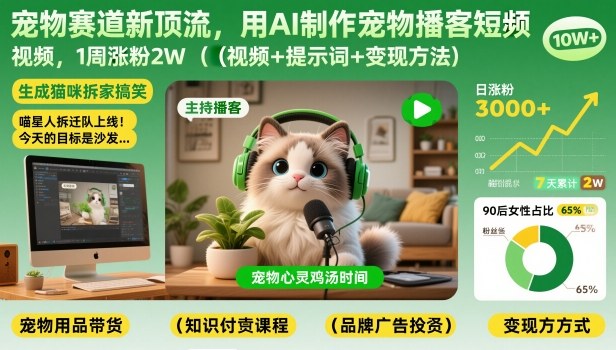 宠物赛道新顶流，用AI制作宠物播客短视频，1周涨粉2W(视频+提示词+变现方法)-副业心选