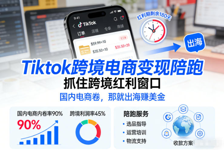 Tiktok跨境电商变现陪跑，抓住跨境红利窗口，国内电商卷，那就出海賺美金-副业心选