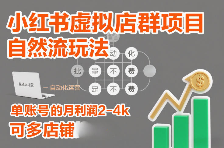 小红书虚拟店群项目，自然流玩法，批量自动化，稳定不费号，单账号的月利润2-4k，可多店矩阵-副业心选