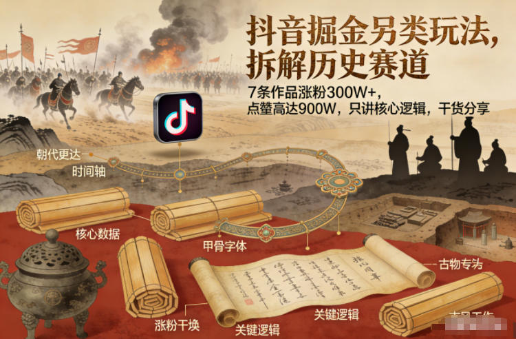 抖音掘金另类玩法，拆解历史赛道，7条作品涨粉300W+，点赞量高达900W，只讲核心逻辑，干货分享-副业心选