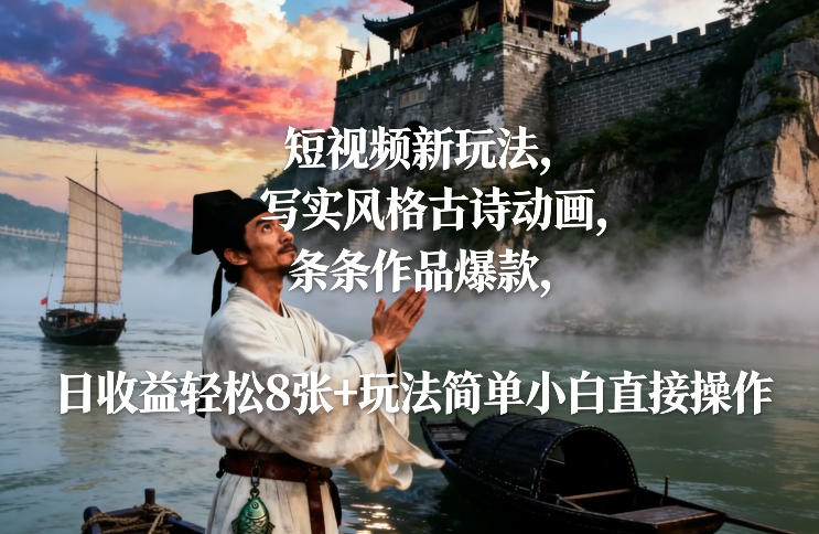 短视频新玩法，写实风格古诗动画，条条作品爆款，日收益轻松8张+玩法简单小白直接操作-副业心选