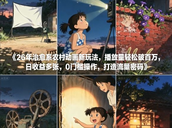 26年治愈系农村动画新玩法，播放量轻松破百万，日收益多张，0门槛操作，打造流量密码-副业心选