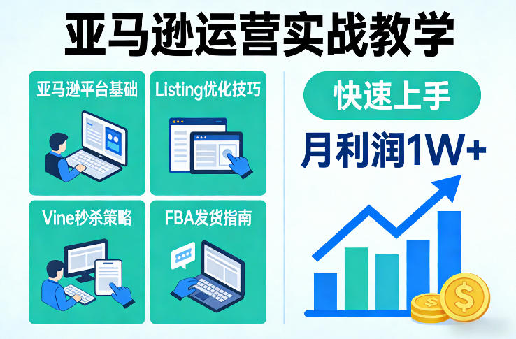 亚马逊运营实战教学，亚马逊平台+Listing优化+Vine秒杀+FBA发货等，快速上手，实现店铺月利润1W-副业心选