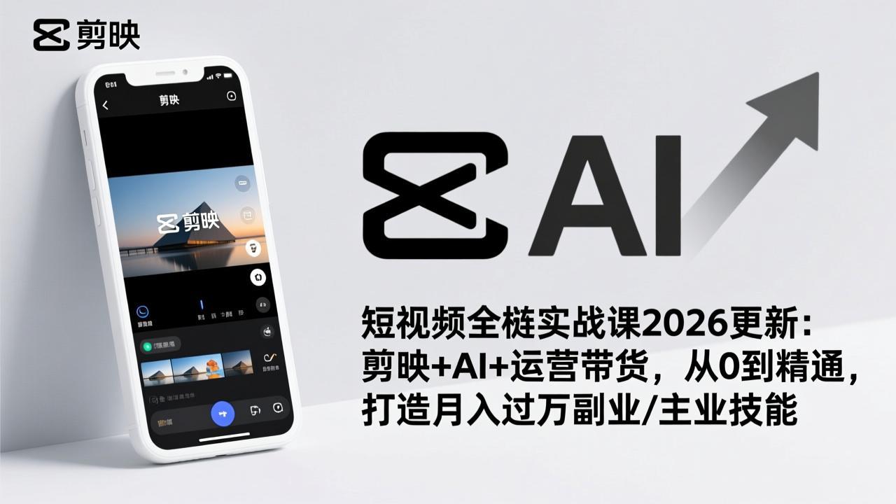 短视频全栈实战课2026更新：剪映+AI+运营带货，从0到精通，打造月入过万副业/主业技能-副业心选