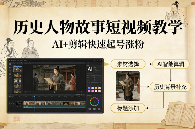 历史人物故事短视频教学，AI+剪辑制作历史人物题材短视频，快速起号涨粉-副业心选