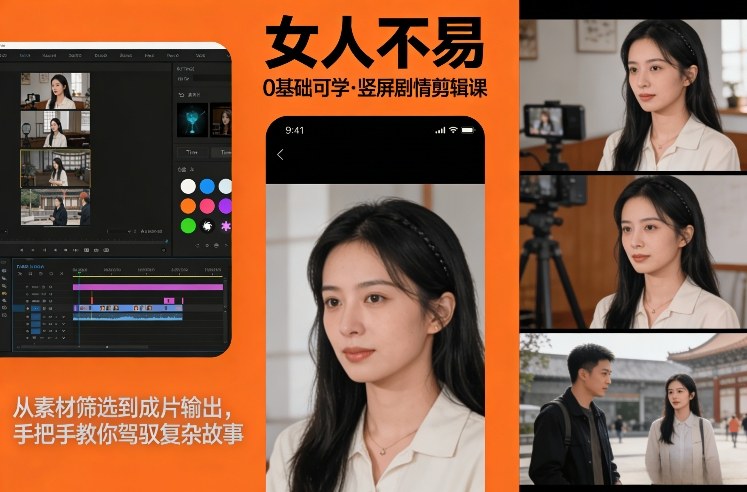 0基础可学！《女人不易》竖屏剧情剪辑课，从素材筛选到成片输出，手把手教你驾驭复杂故事-副业心选