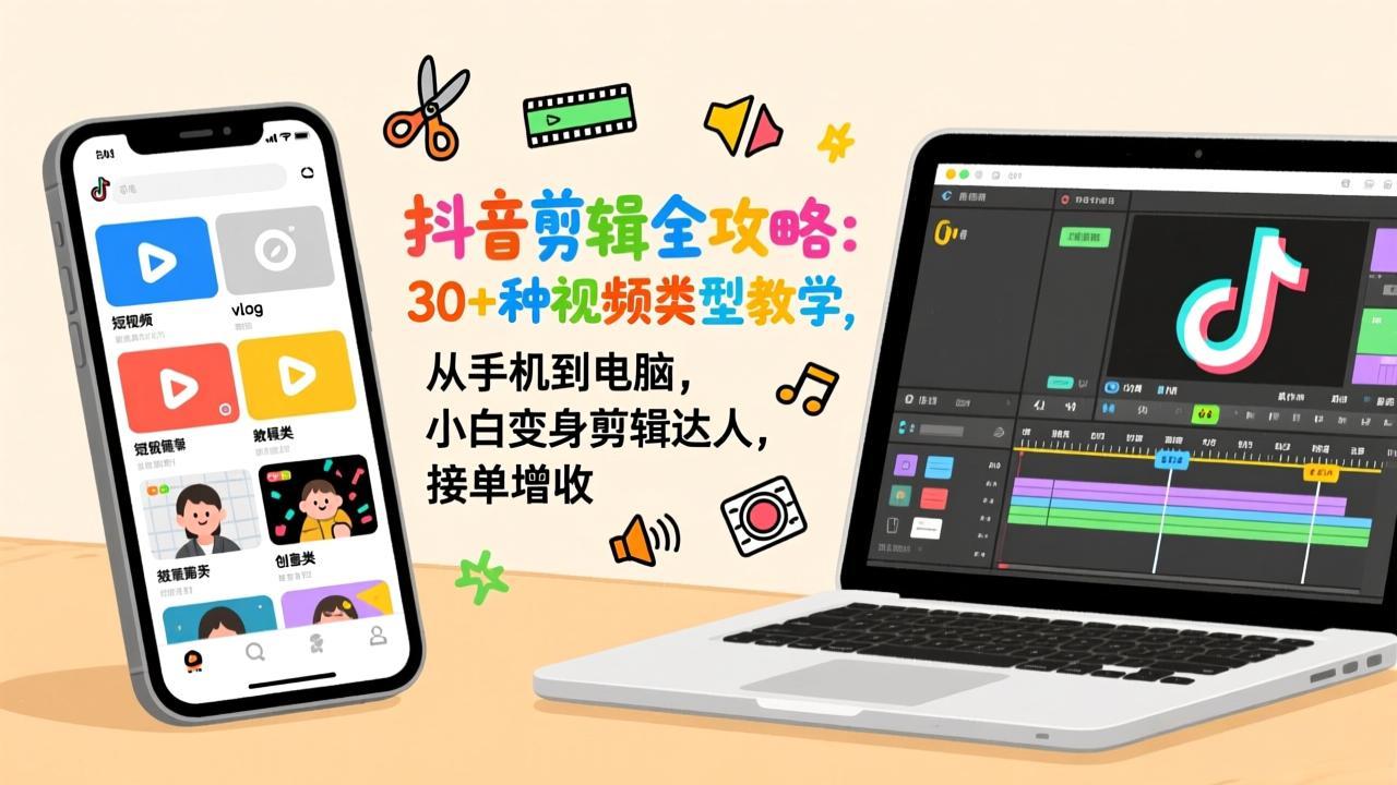 抖音剪辑全攻略：30+种视频类型教学，从手机到电脑，小白变身剪辑达人，接单增收-副业心选