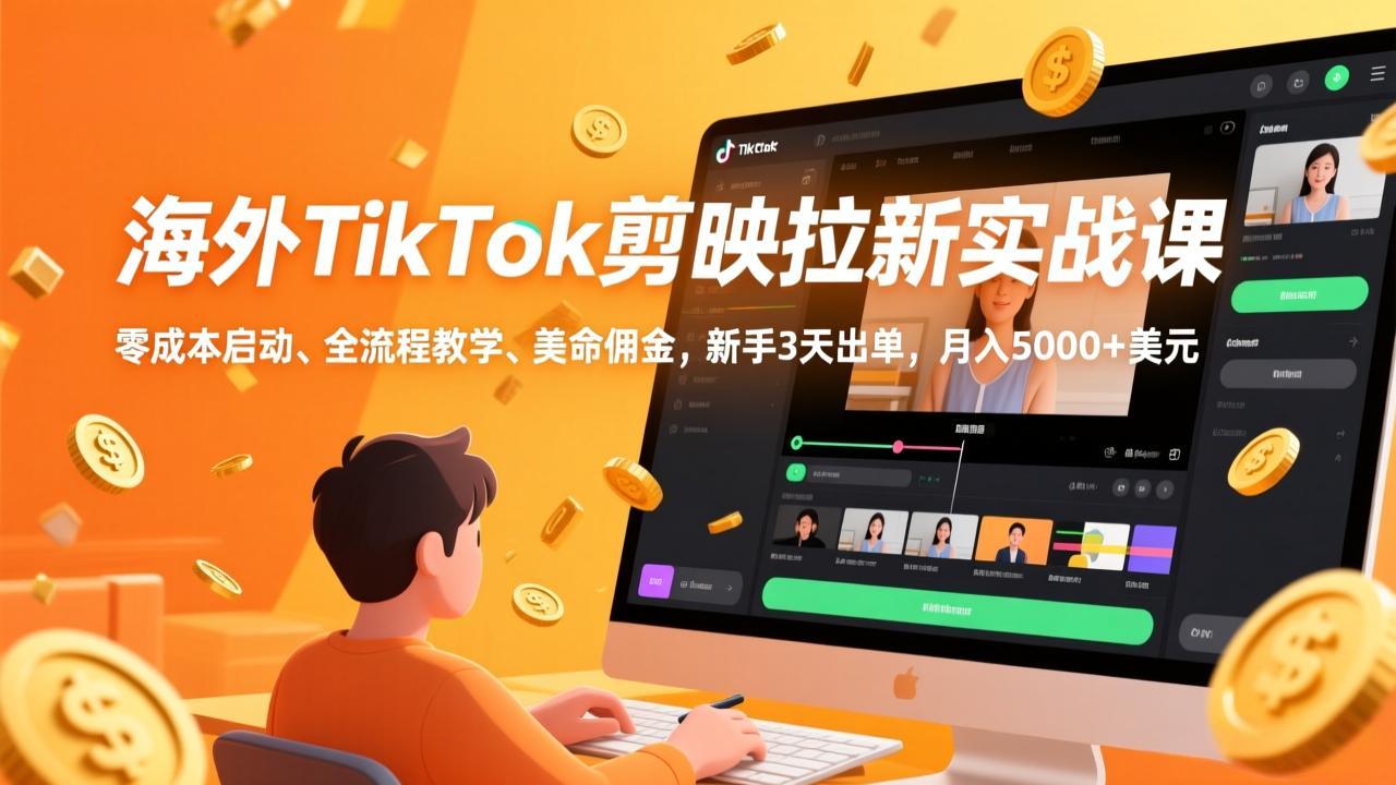 海外TikTok剪映拉新实战课，零成本启动、全流程教学、美金佣金，新手3天出单，月入5000+美元-副业心选