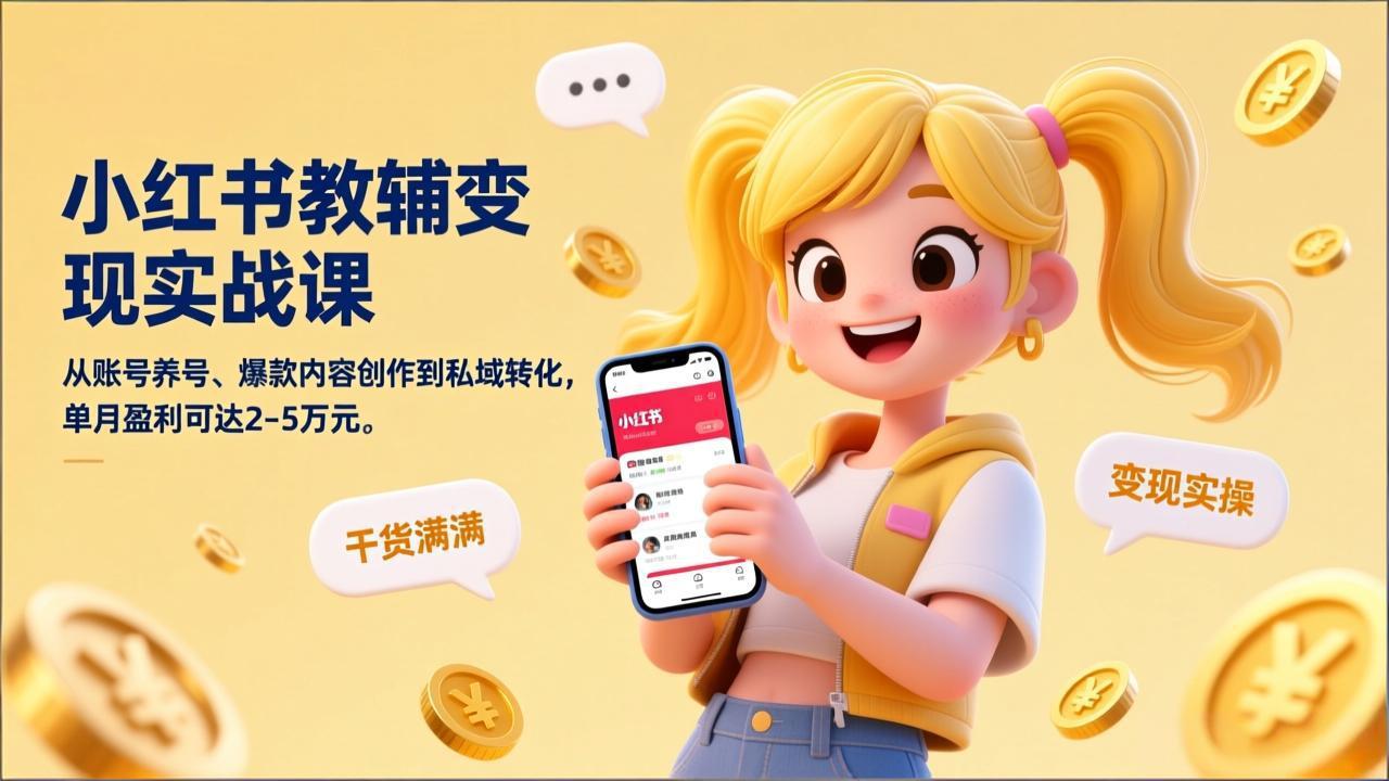 小红书教辅变现实战课，从账号养号、爆款内容创作到私域转化，单月盈利可达2-5万元 - 副业心选-副业心选