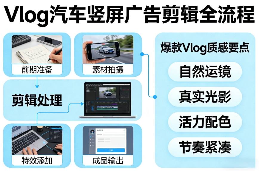 Vlog感觉汽车竖屏广告剪辑脚本全流程，拿捏爆款Vlog质感-副业心选