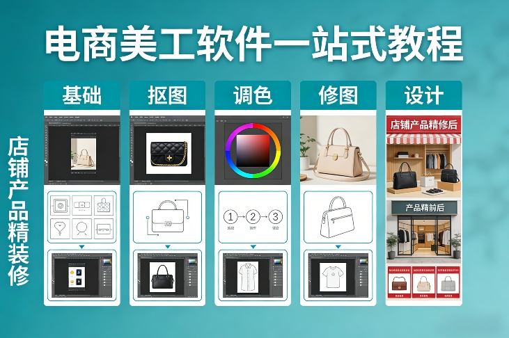电商美工软件一站式教程，基础/抠图/调色/修图/设计，店铺产品精装修-副业心选